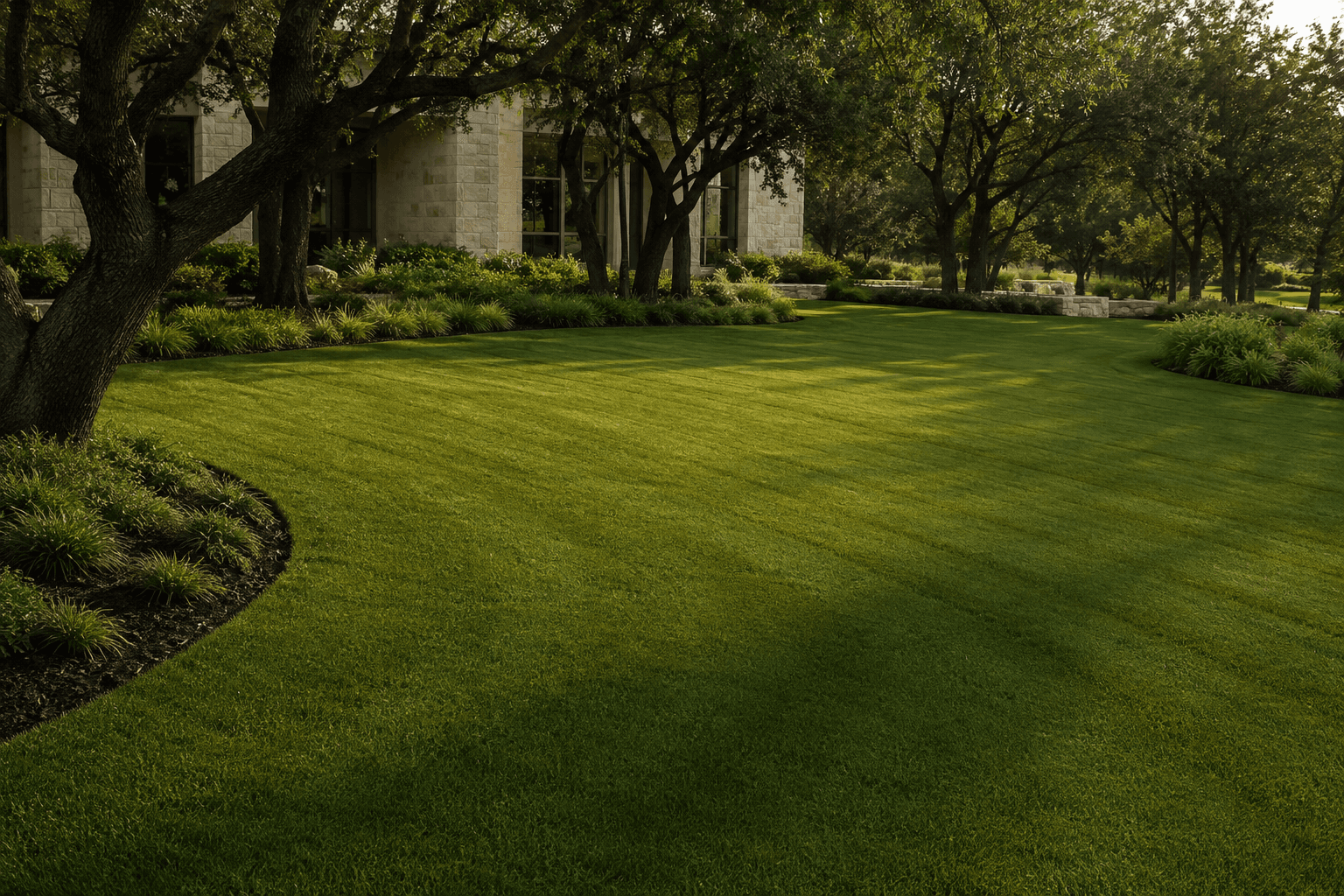 Carefully edged landscape beds and a freshly mown lawn