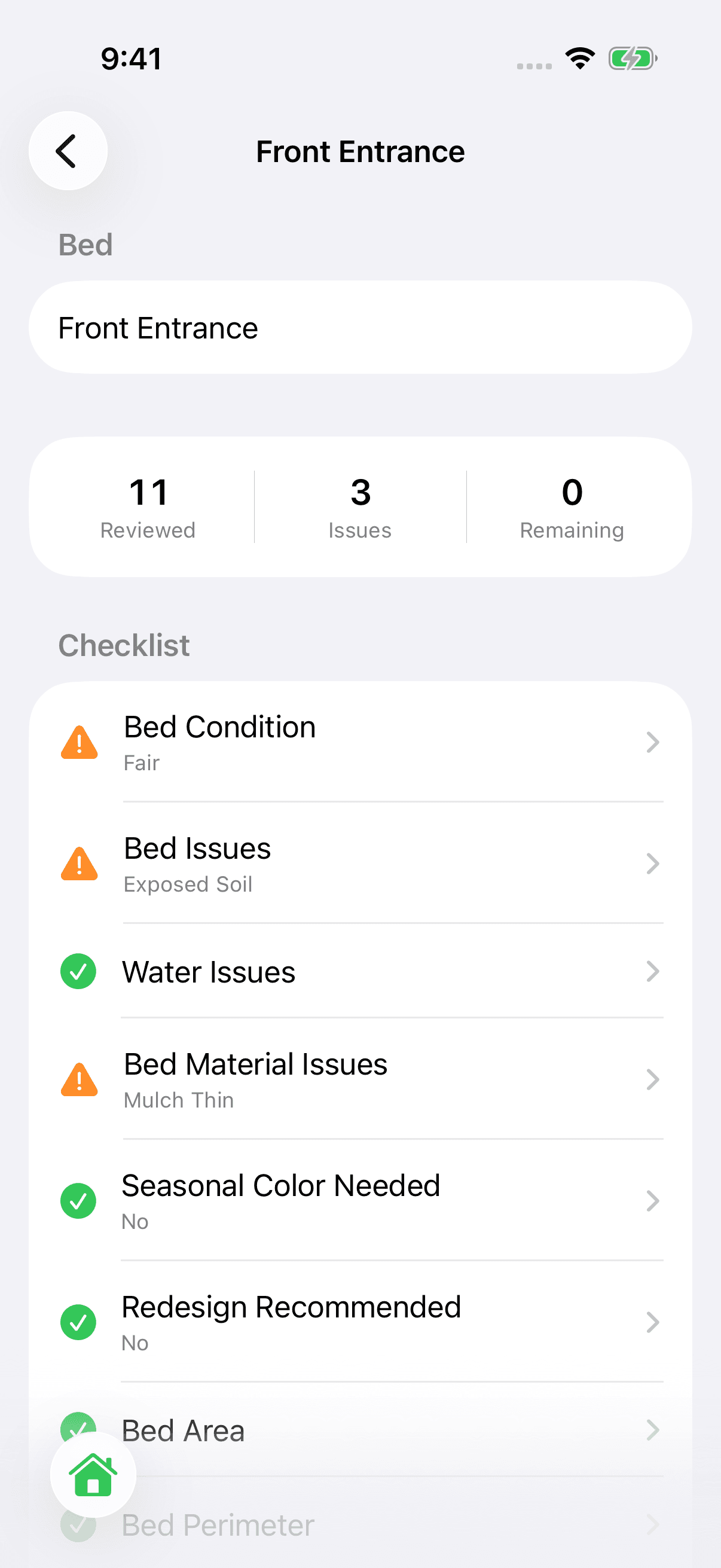 Current LawnNotes iPhone checklist for the Front Entrance bed, with recorded conditions and issues