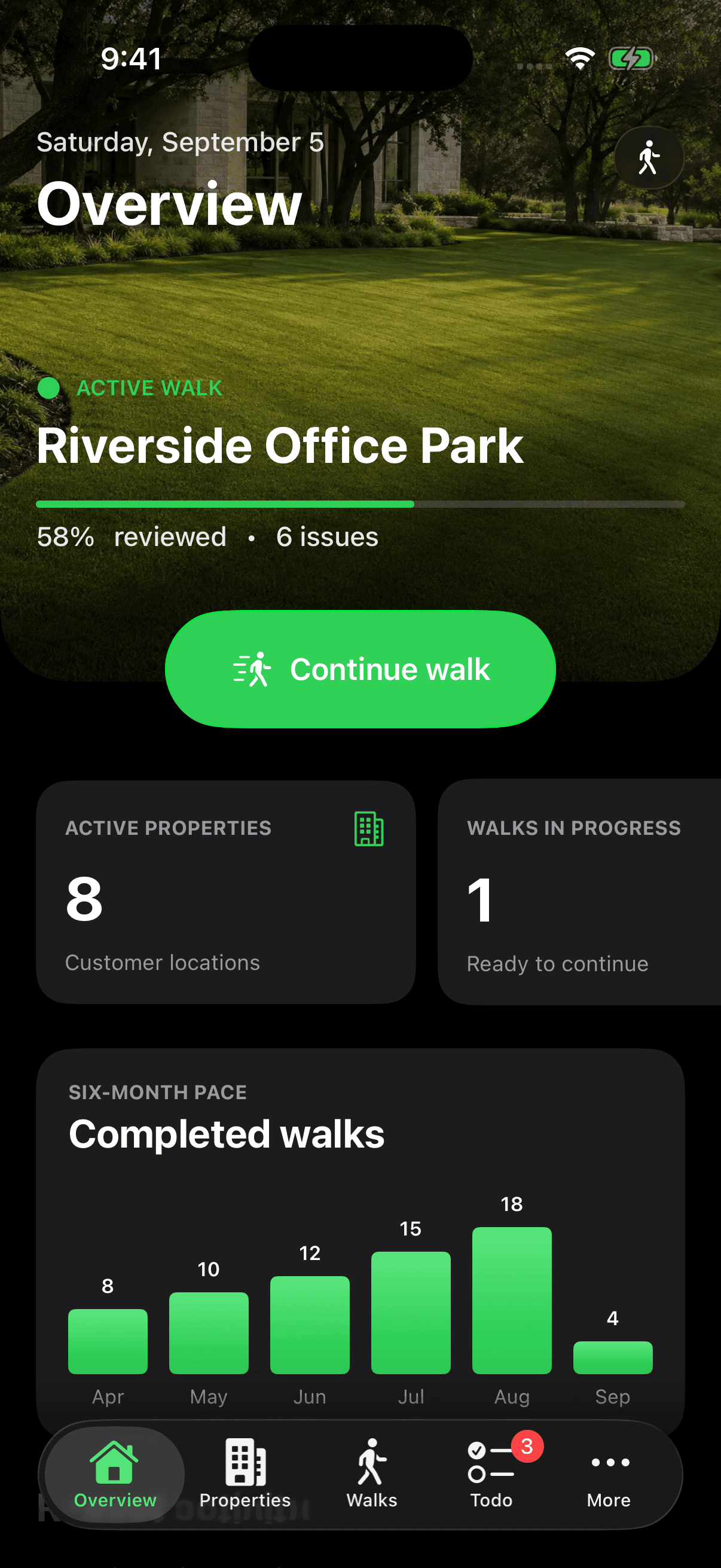 LawnNotes overview in dark mode with black backgrounds, dark gray cards, and bright green controls