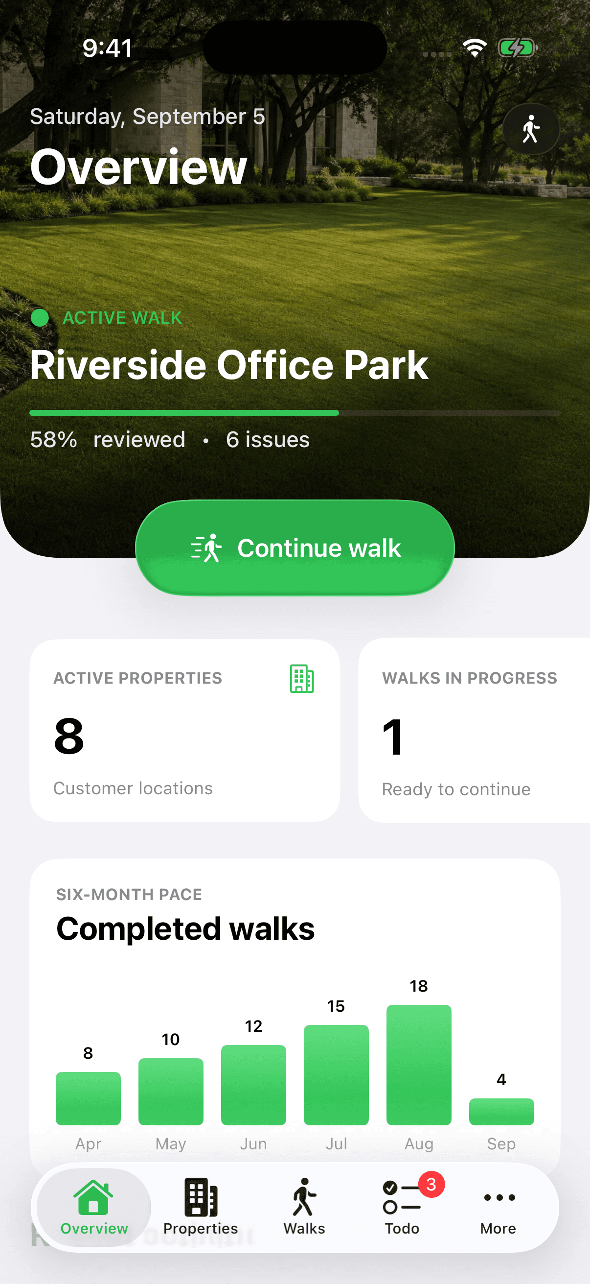 LawnNotes iPhone overview with an active property walk, eight properties, and populated walk history